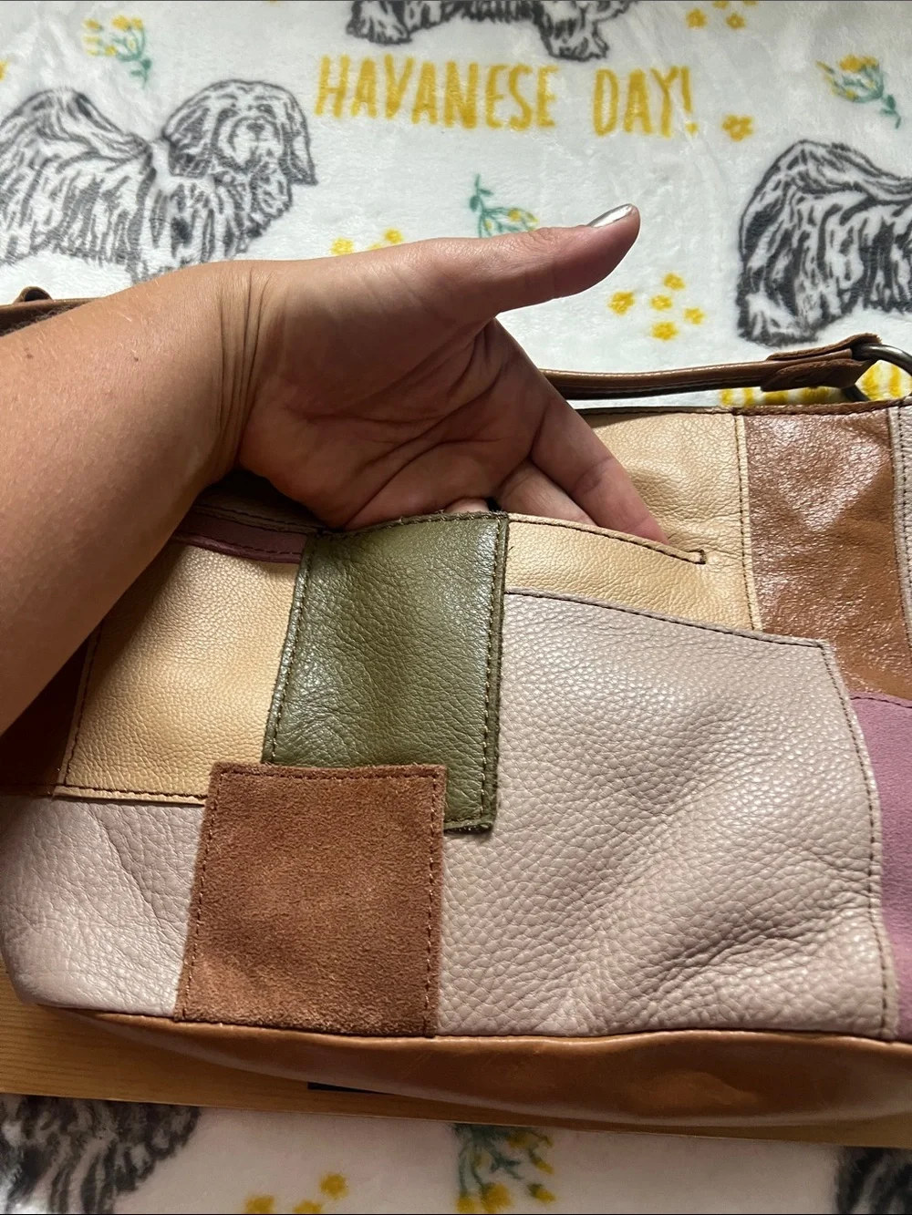 The Sak Patchwork Leather Shoulder Bag in Tan, Blush, Olive, Cream, Brown